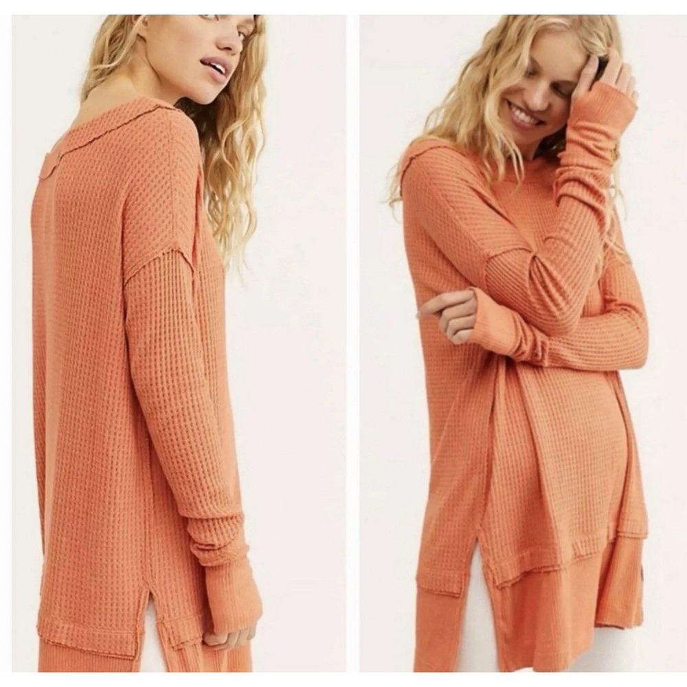 New NWT Free People North Shore Thermal Tunic Shirt Bright Coral Orange M